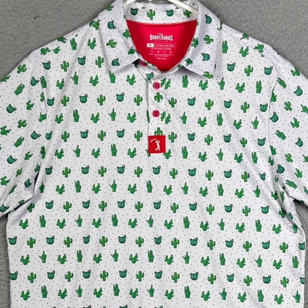 Bogey Bros Golf Co Polo Shirt Mens Small White Green Prickly Pear Cactus Funny